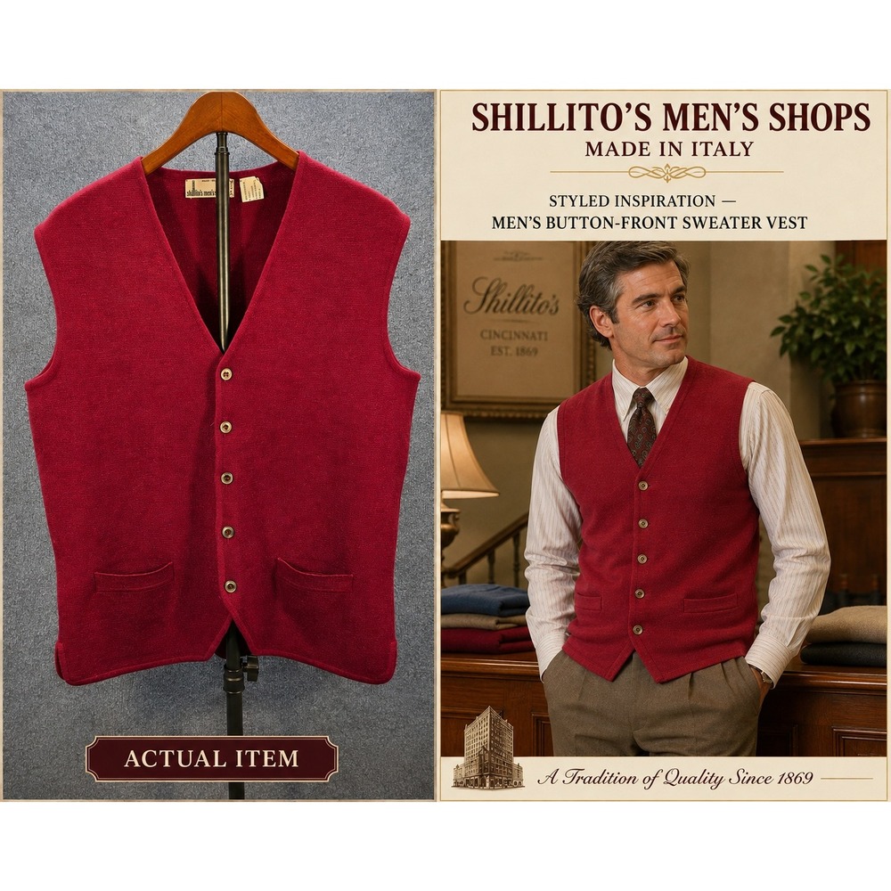 Shillito's Sweater Vest Mens L Red Excellent Vintage Wool Blend Made‎ in Italy
